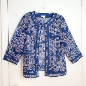 Chico's Blue & White Baroque Print Eyelet Lace Open Front Jacket